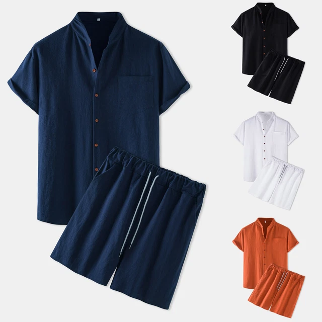 3 N Men's Summer 2-Piece Beach Cotton Linen Short Sleeve Shirts & Shorts Pants