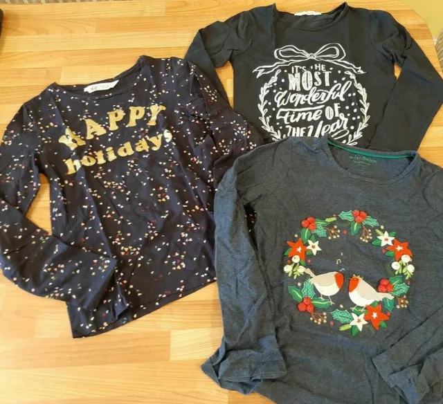 H&M Mini Boden Girl bundle 3x Christmas t-shirts navy age 9-10 robin holidays