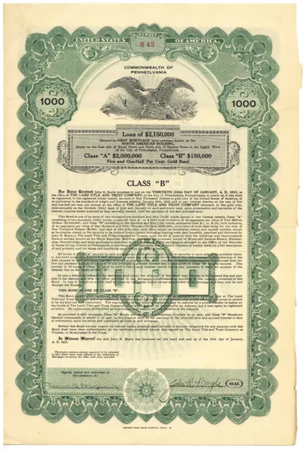 North American Building Company. Mortgage Gold Bond Certificate. Pennsylvania