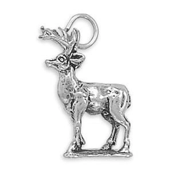 14K White Gold Finish 8 Point Standing Buck Charm Men's Bikers Graduated Jewelry