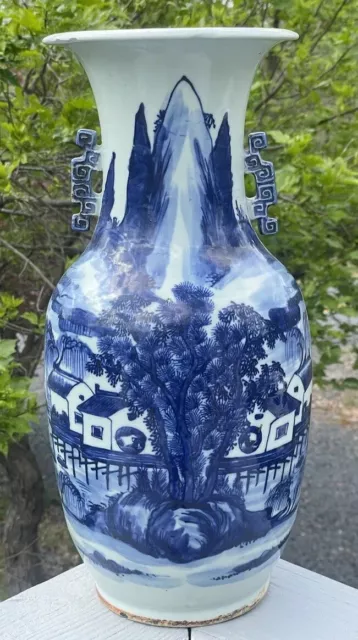 LARGE 16.75" Antique Chinese Canton Blue White Porcelain Vase Handles Qing 19th