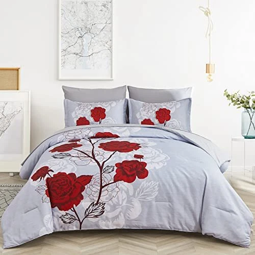 7 Piece Comforter Set Queen Red Flower Pattern Bedding Comforter Elegant