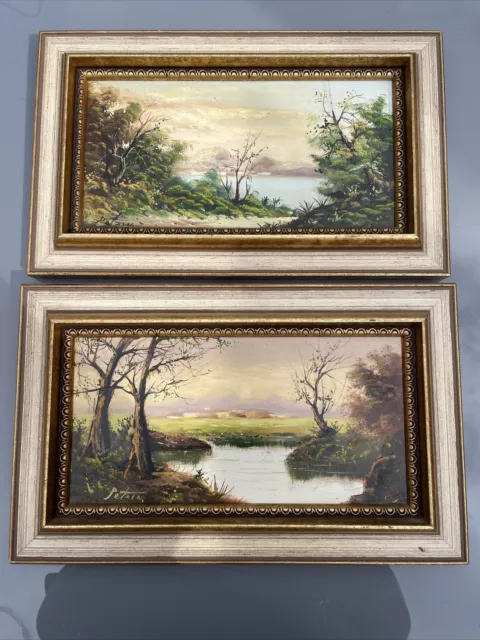 Early 20th Century Vintage French Oil on Board Pair - Landscape - Signed Petien