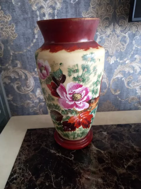 Large Opaline Glass Victorian Vase Handpainted Floral Pattern Gilded 36 cm Red
