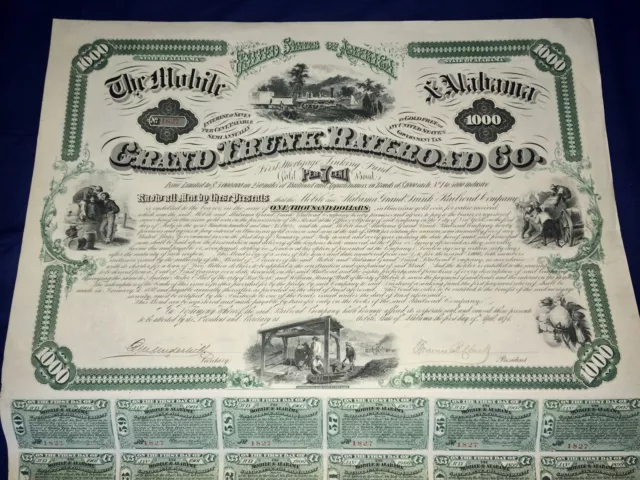 The Mobile & Alabama 1874 Grand Trunk Railroad Co. Gold Bond $1000 (Quantity 10)