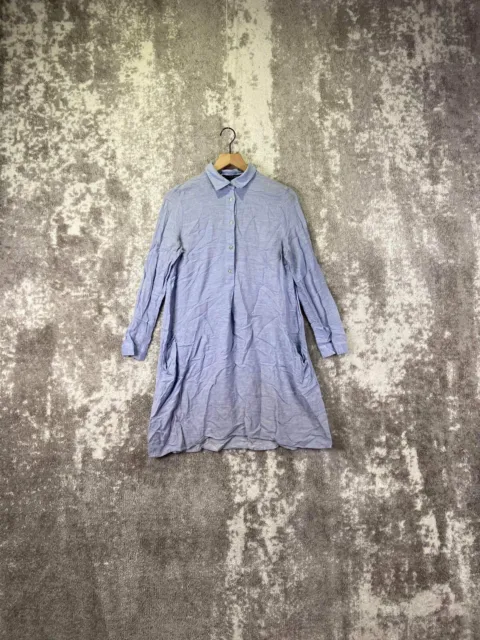 Zara Blue Linen Blend Long Sleeve Collared Shirt Dress Size S Small