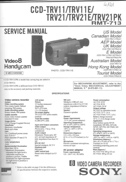 Sony Original Service Manual für CCD-TRV 11  CCD-TRV 21 mit Supplement 1 Video 8