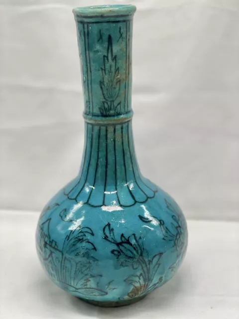 Antique Pottery Persian Islamic Turquoise Qajar  Glazed Vase Kashan Style