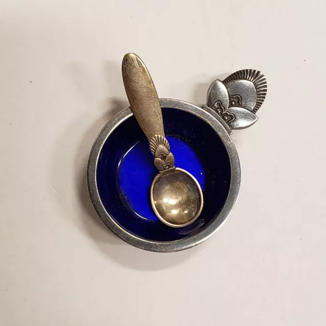 Georg Jensen Denmark Sterling Cobalt Enamel CACTUS Salt Cellar and Spoon