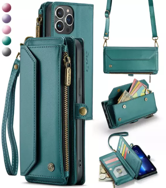 Women Zipper Leather Magnetic Card Wallet Crossbody Phone Case For iPhone/Galaxy