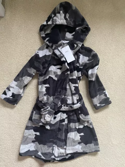 M&S Kids Age 6-7 Years Boys Army Camouflage Print Grey Dressing Gown Robe New