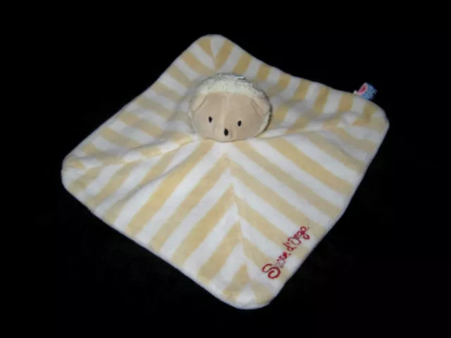 Doudou carré plat Hérisson ou Mouton beige blanc rayé jaune Sucre d'Orge