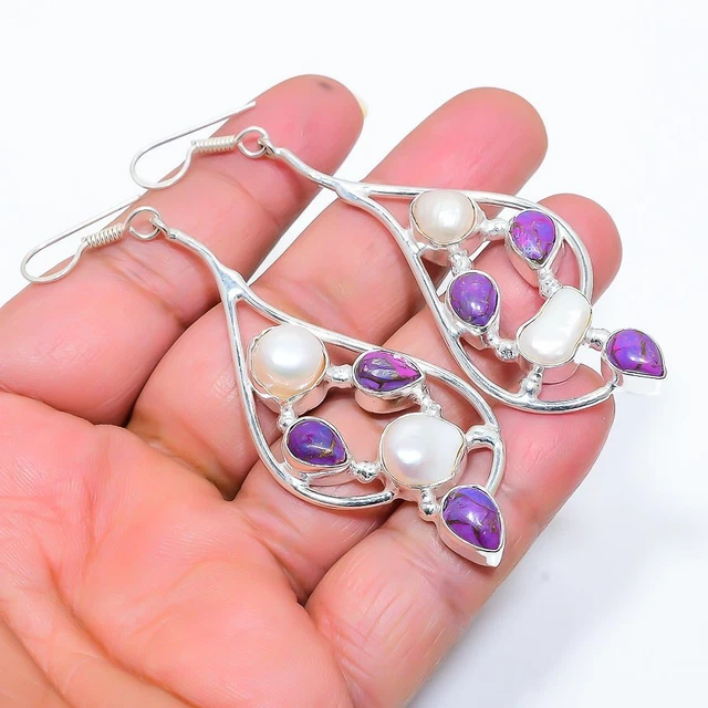 Copper Purple Turquoise, Pearl 925 Sterling Silver Jewelry Earring 3.15" J127