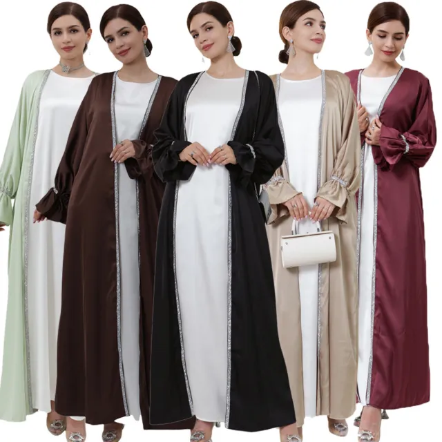 Dubai Open Cardigan Kaftan Muslim Women Long Dress Abaya Ramadan Kimono 2pcs Set