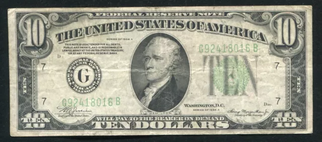 1934-A $10 Ten Dollars Frn Federal Reserve Note Chicago, Il Very Fine (E)