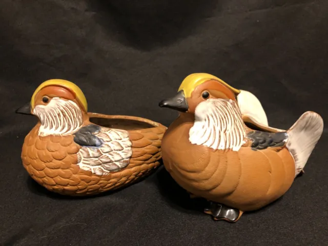 Vintage Brown/White Ceramic Neiman Marcus Clay Painted Duck Bird Planter 2-Piece