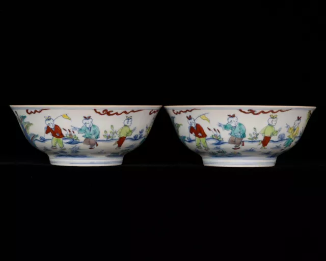 7.3" China old ming dynasty Porcelain chenghua mark pair doucai infant play bowl