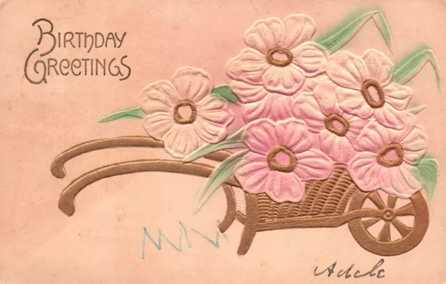 Postal de colección 1907 tarjeta de felicitación de feliz cumpleaños ramo flores en carrito