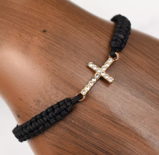 Gold Plated Rhinestone Cross Anklet, Adjustable Black Cord, 12"