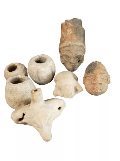 Pre Columbian Pottery Lot Effigy  Figural Whistle head Aztec Incan Native Americ
