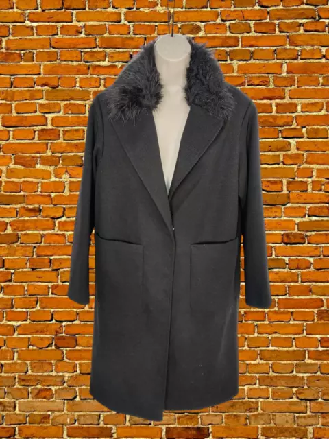 Women New Look Size Uk 10 Black Faux Fur Collar Winter Work Long Overcoat Jacket