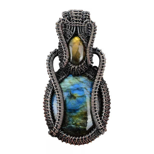 Labradorite Wire Wrapped Pendant Handcrafted Copper Ethnic Jewelry 3.07"