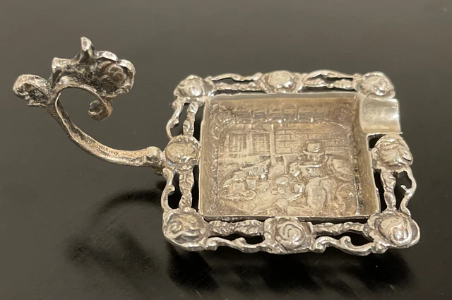 900 Sterling Silver Egyptian Embossed Design Individual Ashtray with Handle RARE