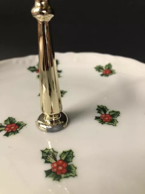 Vintage Lefton China 2 Tier Tidbit Serving Tray 7954 Holly Berries Holiday Plate 3