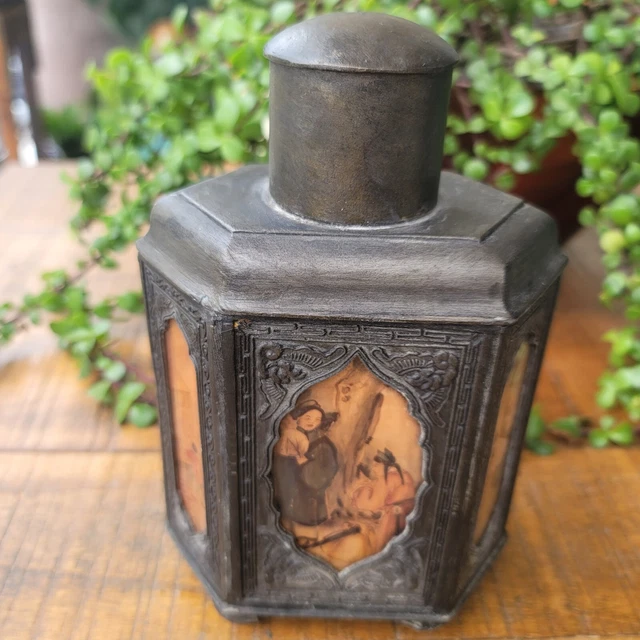 Antique 1900's Chinese Bronze Tea Caddy 6 Reverse Hand Painted Glass Panels