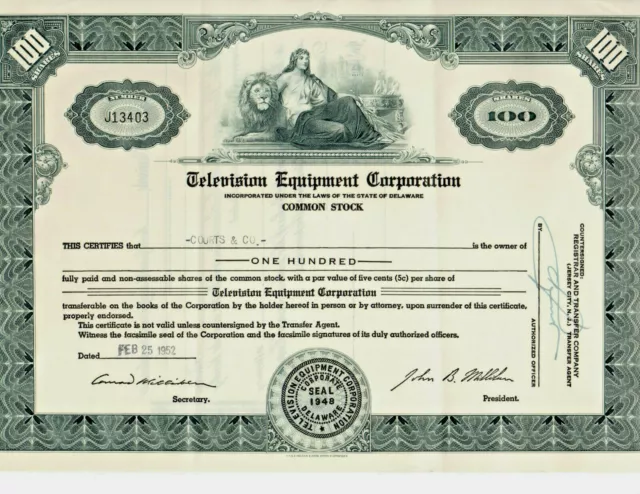 Television Equipment Corp. Stock Certificate 1952 - early days of TV
