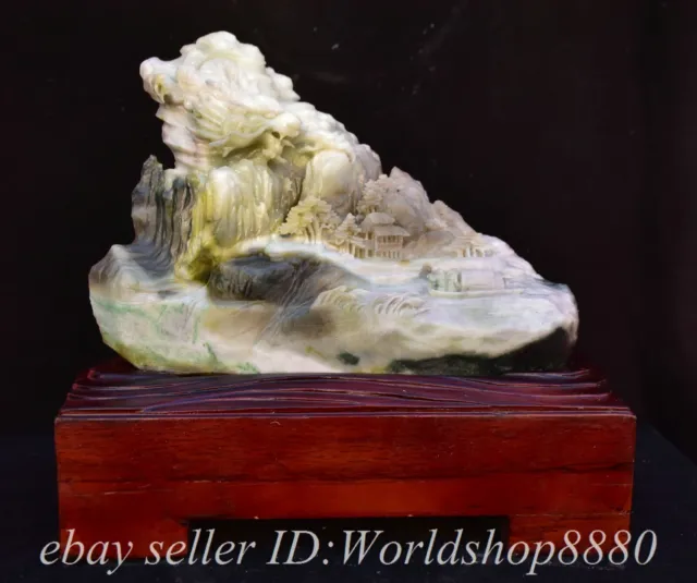 12.8" Chinese Natural Dushan Jade Hand Carved Dragon Mountain Tree House Statue