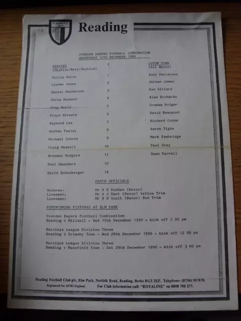 12/12/1990 Reading Reserves v Luton Town Reserves  (Single Sheet, Folded)