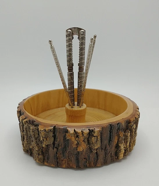 Vintage Wooden Bark Nut Cracker Set 7.5" Bowl W/ Nutcracker & 5 Picks Rustic
