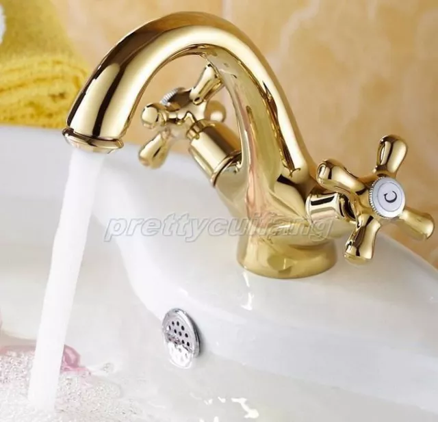 Gold Color Brass Double Handles Bathroom Vessel Sink Faucet Mixer Tap Pnf272