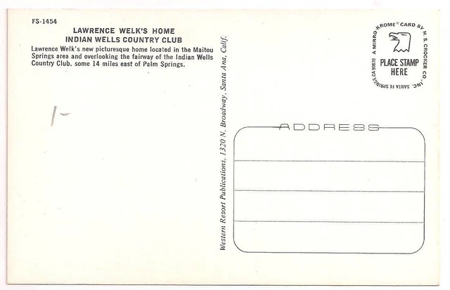 CARTE POSTALE INDIAN WELLS CA LAWRENCE WELK #39 S HOME voiturette de golf