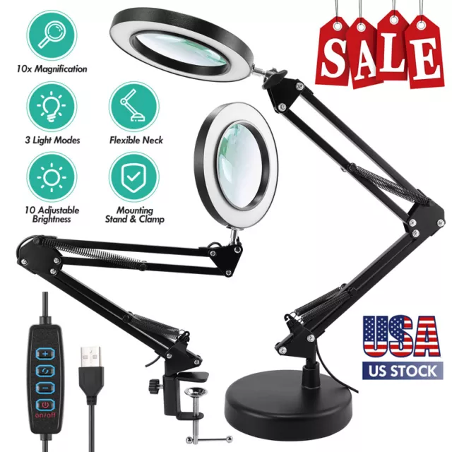 Magnifier LED Lamp Magnifying Glass Desk Table Light Reading Clamp Lamp Tool USA
