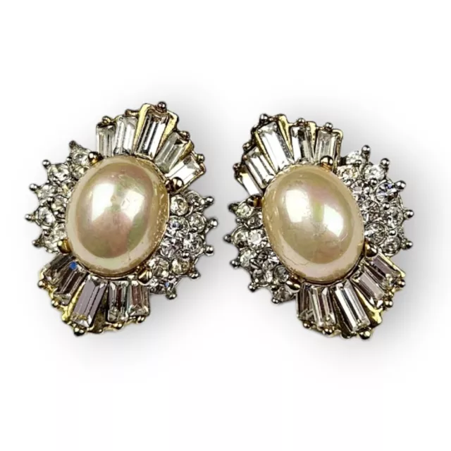 Vintage Faux Pearl Earrings Rhinestone Baguette Round Cabochon Clip On 1" Long