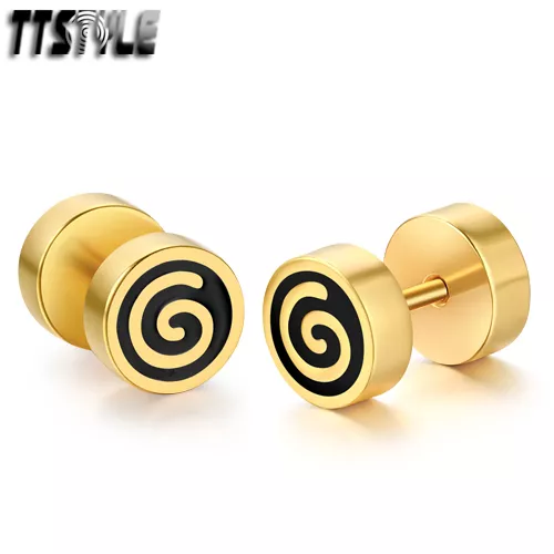 TTstyle 8mm Gold/Black Surgical Steel Whirl Fake Ear Plug Earrings NEW