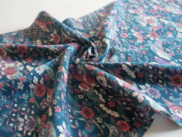 Japanese Kimono Silk Vintage | Teal Blue Flora Pattern | Long Panel | Aus Stock