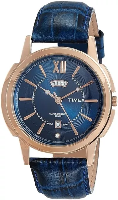 Timex 44mm Analog Blue Dial Band Leather case rose gold Men's Watch-TW000U310L