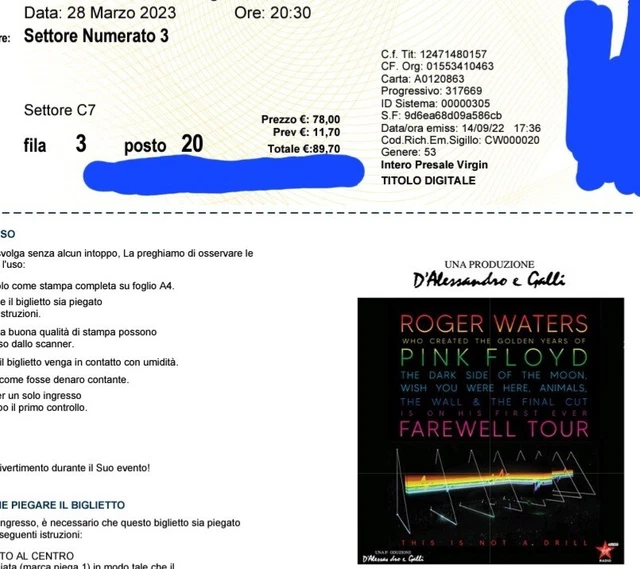 2 Biglietti Roger Waters 28 Marzo 2023 Assago