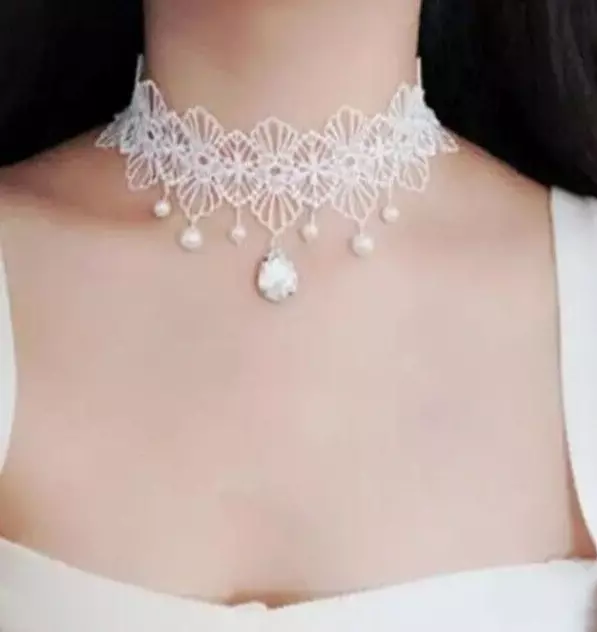 Elegant White Lace Pearl and Crystal Pendant Victorian Style Choker Necklace