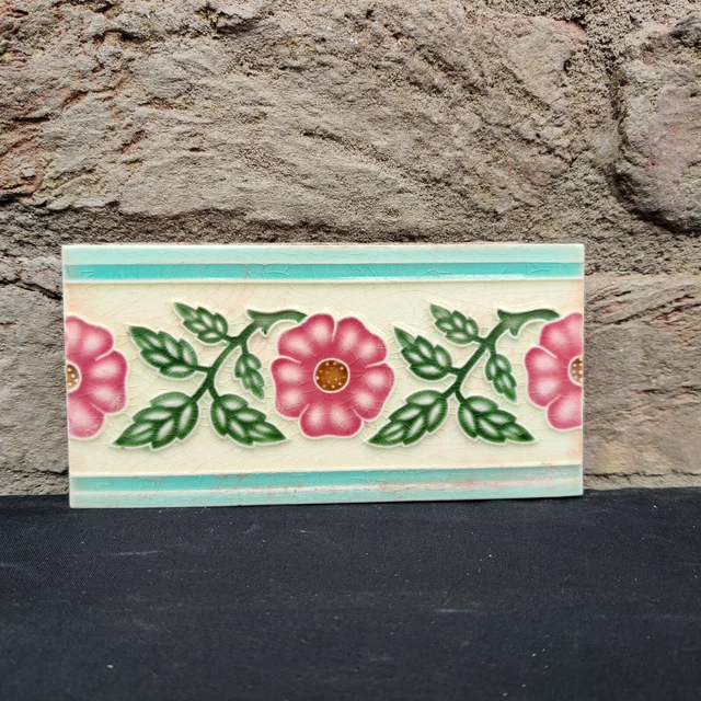1940s Vintage Architecture Furniture Tile 3 Pc Floral Majolica Art Nouveau Japan 4