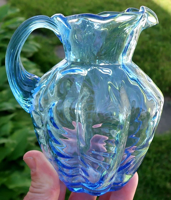 5 1/4" Vintage FENTON DRAPERY Light Blue PITCHER w/ Crimped Rim