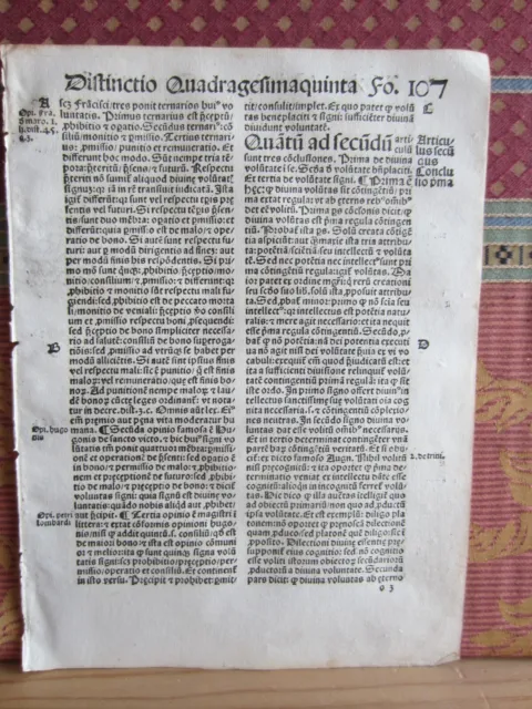 1510.-Hoja Incunable.quattuor Librorum Sententiarum Compendium.g. Vorillonis-107