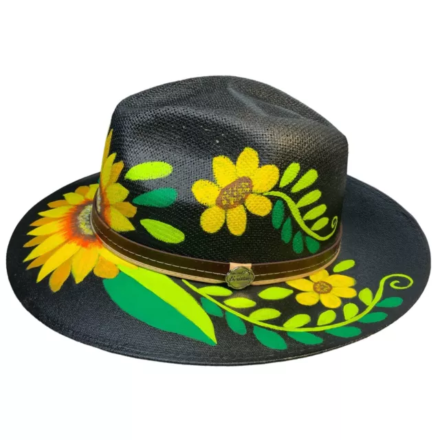 Beristain Unsex Hat Mexican Black Hardshell Hand Painted Daisy Size Large 7.3/8