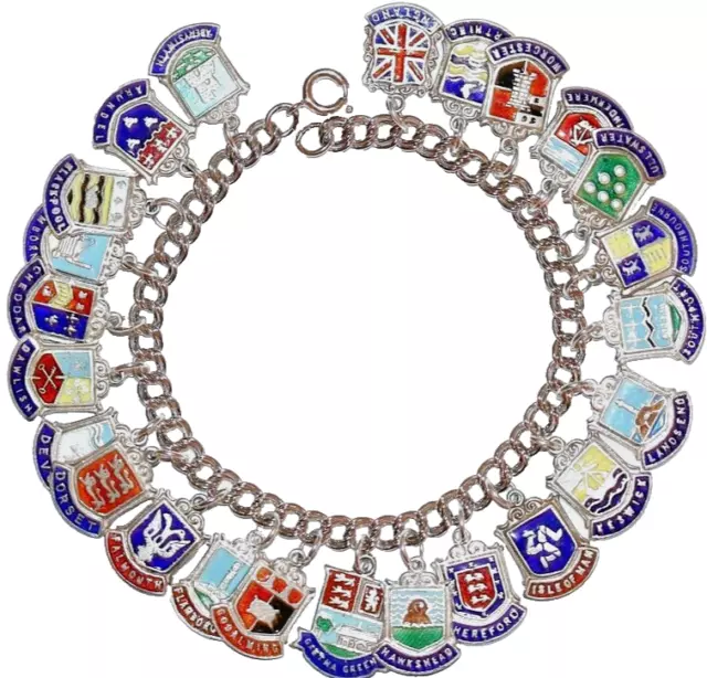 Vintage Sterling Silver Enamel Travel Shields Charm Bracelet & ENGLAND, Loaded!