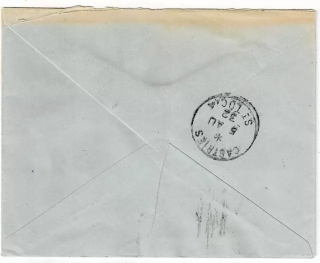 St. Lucia 1932 incoming cover from Antigua, postage dues SG D1 (2) affixed 2