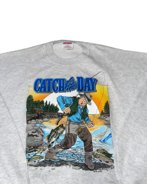 Vintage 90s Funny Cartoon Fisherman Crewneck Sweatshirt 2XL Gray 1998
