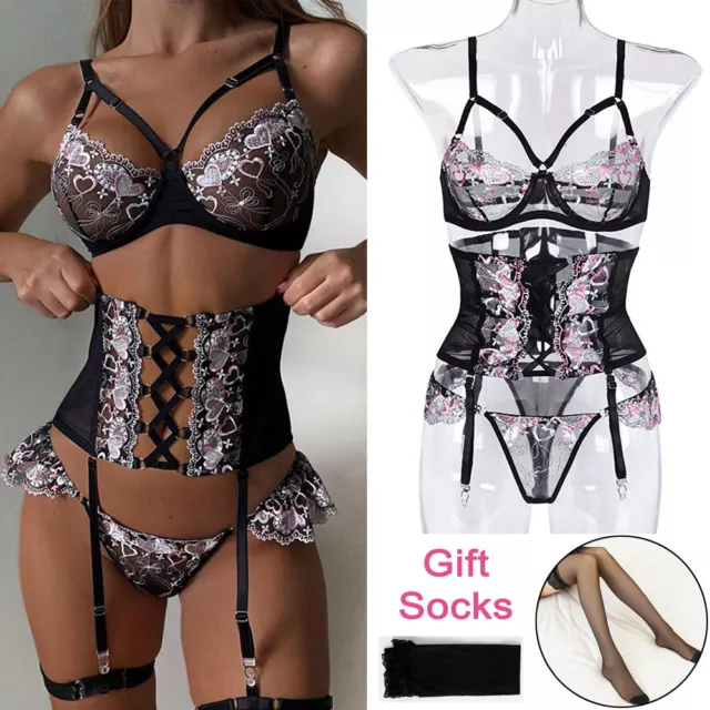 Set Lingerie Da Donna Con Reggicalze Body Babydoll In Pizzo Erotico A 3 -